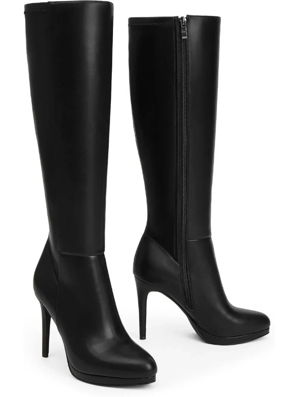 Women's Black Pu2 Round Toe Stiletto Heels Fall Tall Platforms Boots Side Zipper